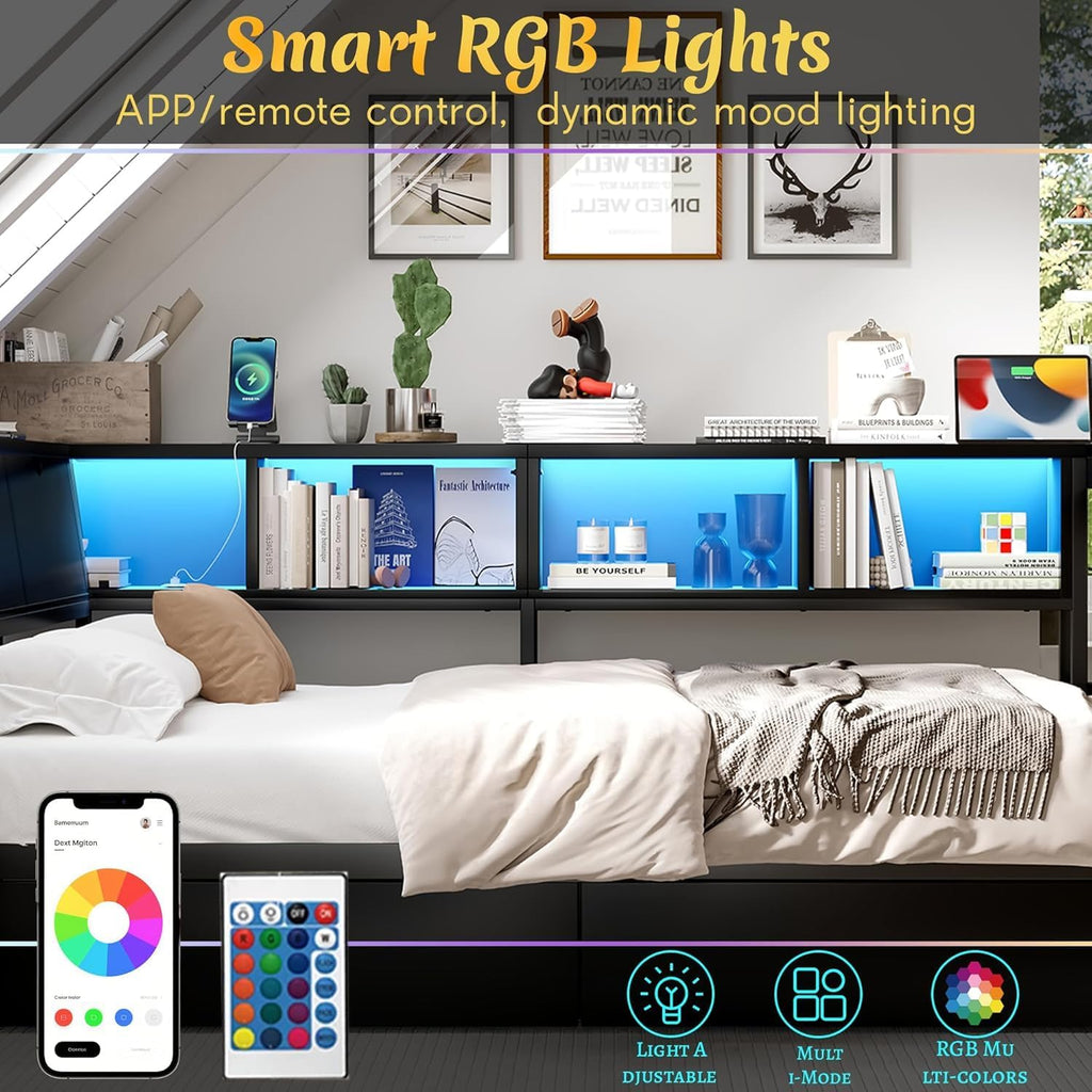 Full Corner Bed Frame with Desk, LED Lights & Charging Ports, L-Shaped Daybed with Storage Drawers, Bookcase & Open Shelves, Modern Full Size Daybed for Kids, Teens & Compact Bedrooms,Black