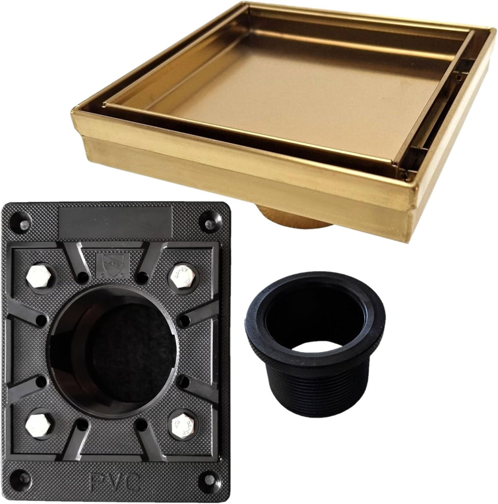 SereneDrains 304 Stainless Steel Tile in Square Brushed Gold Shower Drain Kit with A Base Hair Catcher Strainer Grate Brass Cover Bathroom Floor Insert (Matte Gold, Square PVC Plastic)