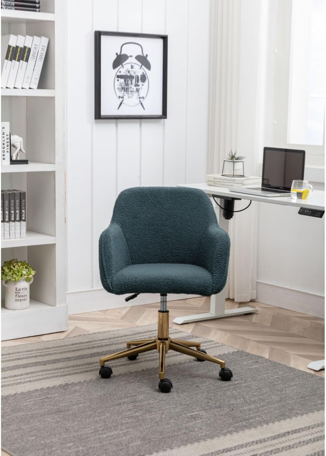 Hassyee Modern Teddy Fabric Material Adjustable Height 360 Revolving Home Office Chair with Gold Metal Legs and Universal Wheel for Indoor (Green)