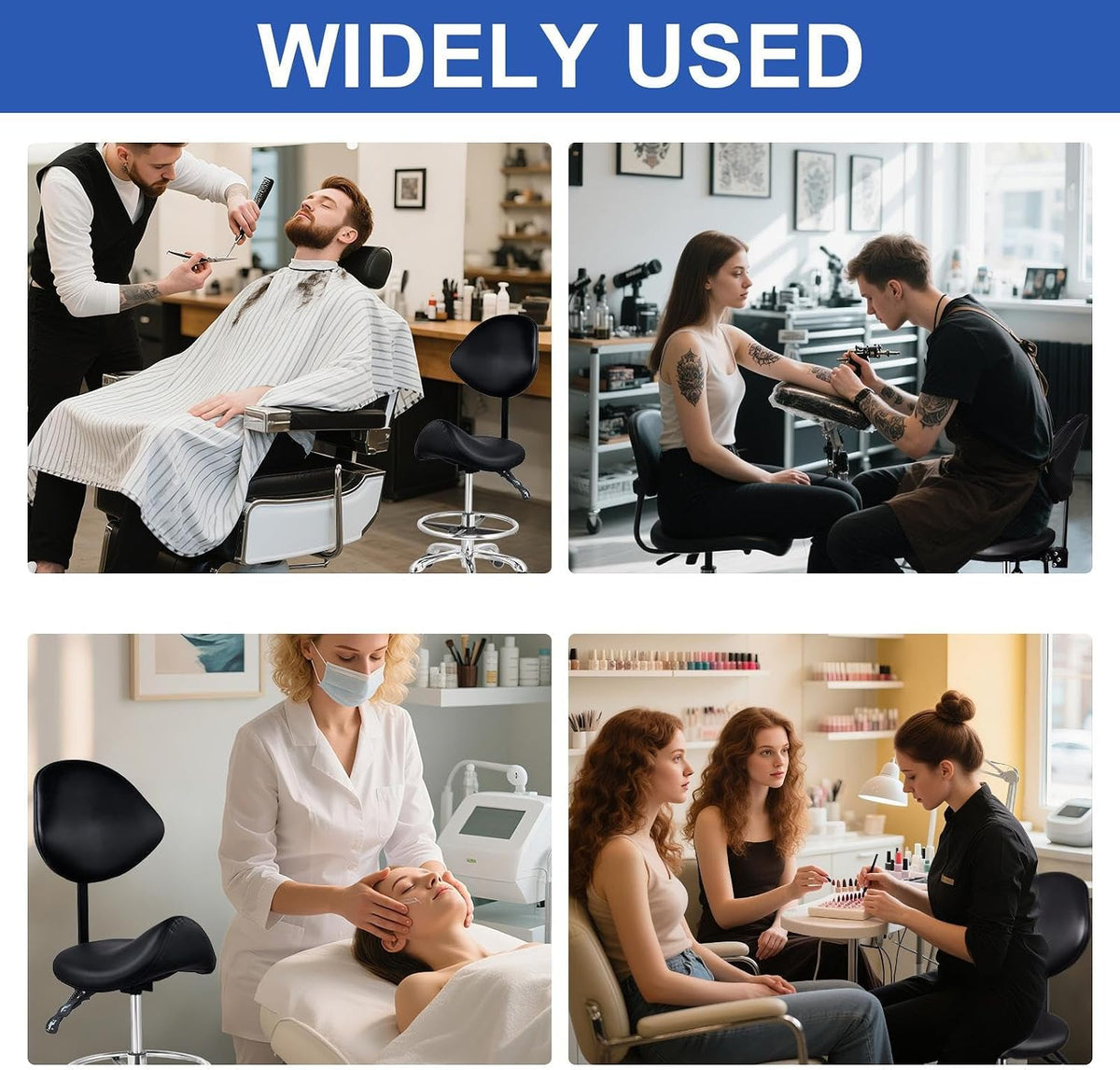 Upgraded Saddle Stool with Back Support, 400lbs Saddle Chair - Back Adjustable Salon Stool with Wheels and Footrest, Swivel, Widened Thick Seat Padding for Home Office Clinic Dentist(Black)