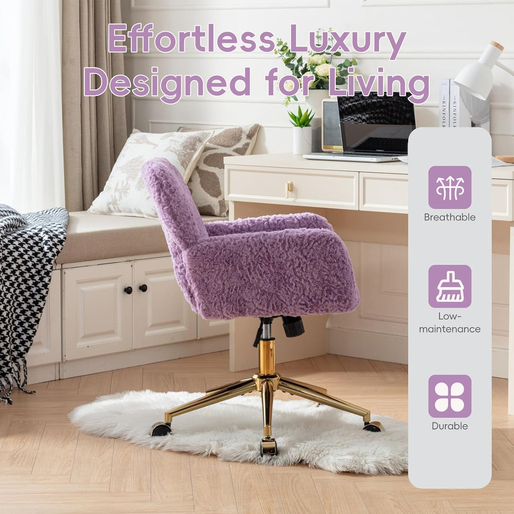 Plush Faux Fur Desk & Vanity Chair with Gold Base – Comfy Adjustable Girls Desk Chair, Makeup Chair, 360° Swivel, Tilt Backrest, Rolling Wheels – Modern Chic Home Office Seating,Violet