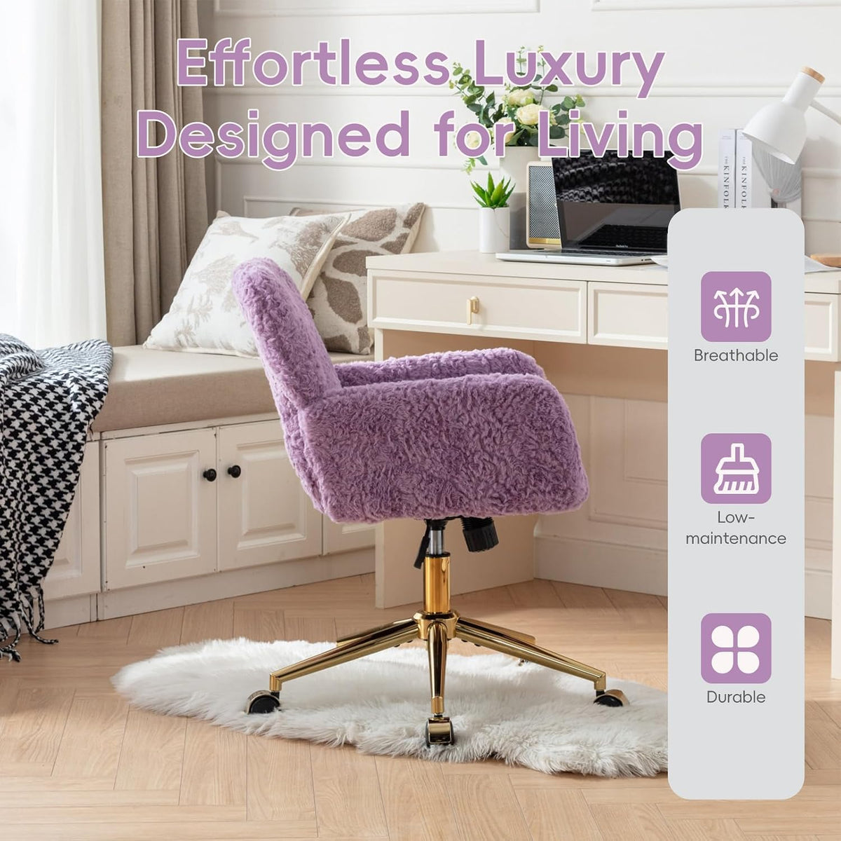 Plush Faux Fur Desk & Vanity Chair with Gold Base – Comfy Adjustable Girls Desk Chair, Makeup Chair, 360° Swivel, Tilt Backrest, Rolling Wheels – Modern Chic Home Office Seating,Violet