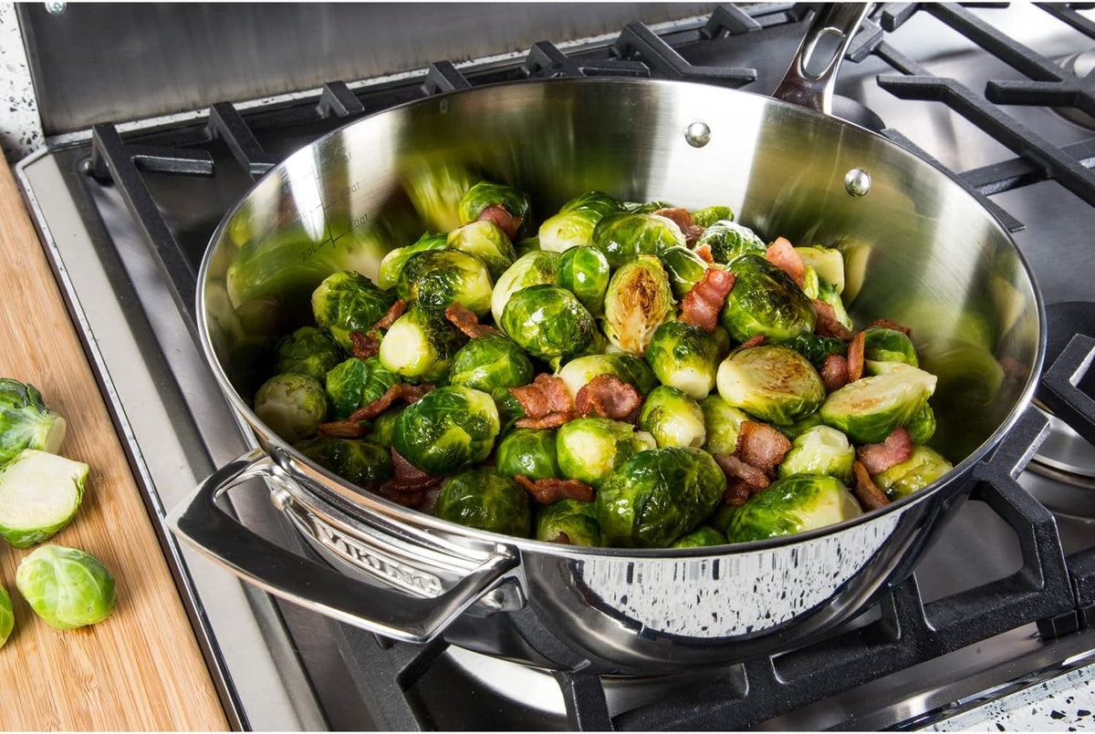 Viking Contemporary 3-Ply Deep Frying Pan with Glass Lid, 4.8 Quart Stainless Steel Saute Cooking Pot, Dishwasher and Oven Safe, Induction Ready, Silver
