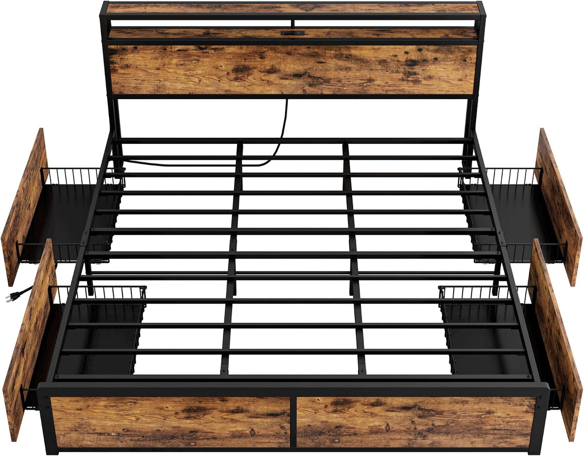 LIKIMIO King Size Bed Frame with 4 Storage Drawers, 2-Tier Storage Headboard with Charging Station, Double Bed Frame King Size for Bedroom, No Box Spring Needed, Easy Assembly, Vintage Brown