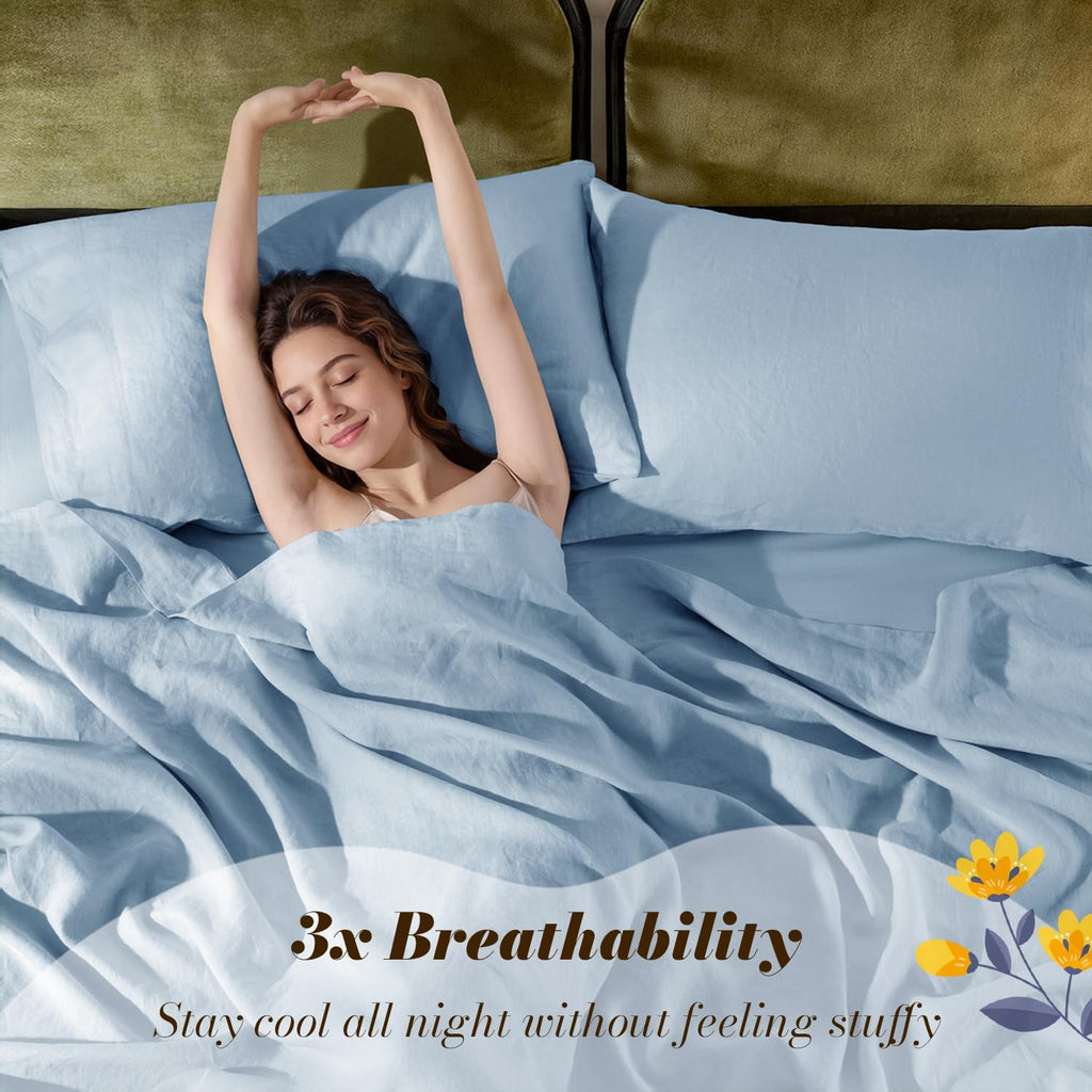 SONORO KATE 100% French Pure Linen Sheets, Breathable and Durable Linen King Size Sheets, Anti-Tear Linen Bed Sheets, Machine Washable, 16 Inch Deep Pocket - 4 Piece (Dusty Blue, King)