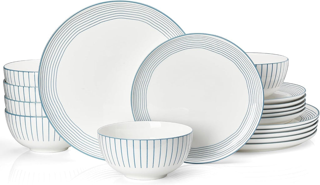 Sweese Lightweight Dinnerware Sets, Plates and Bowls Set for 6, 18 Pieces Stripe Dishes - Chip and Scratch Resistant, Microwave and Dishwasher Safe Porcelain Dinner Sets, Blue