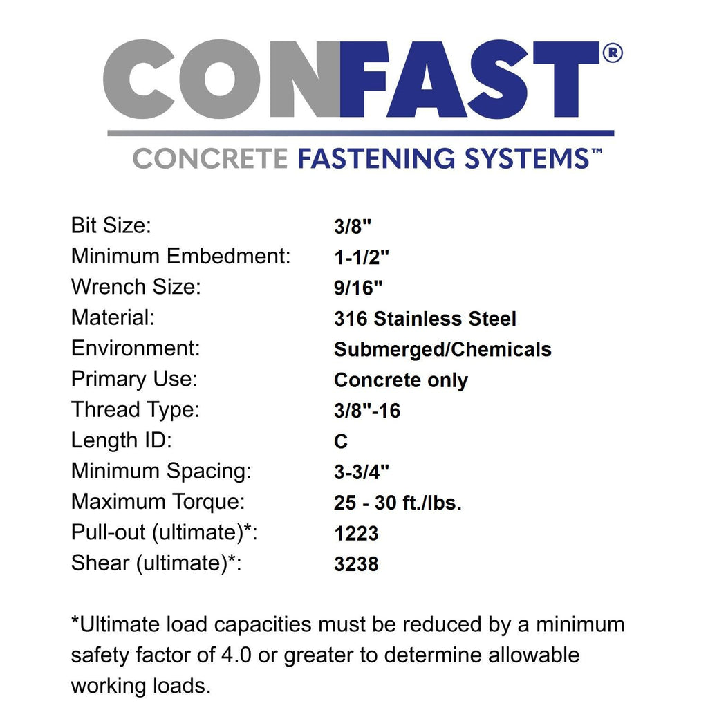 CONFAST 3/8' x 2-3/4' 316 Stainless Steel Wedge Anchor (50 per Box)