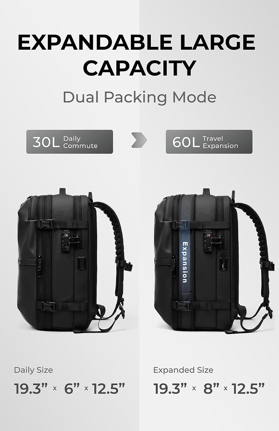 AirVault Vacuum Seal Travel Backpack 60L with Expandable HyperSeal Air Compression Vacuum System Water Resistant TSA Lock (Vacuum Pump Included, Black, 60L)