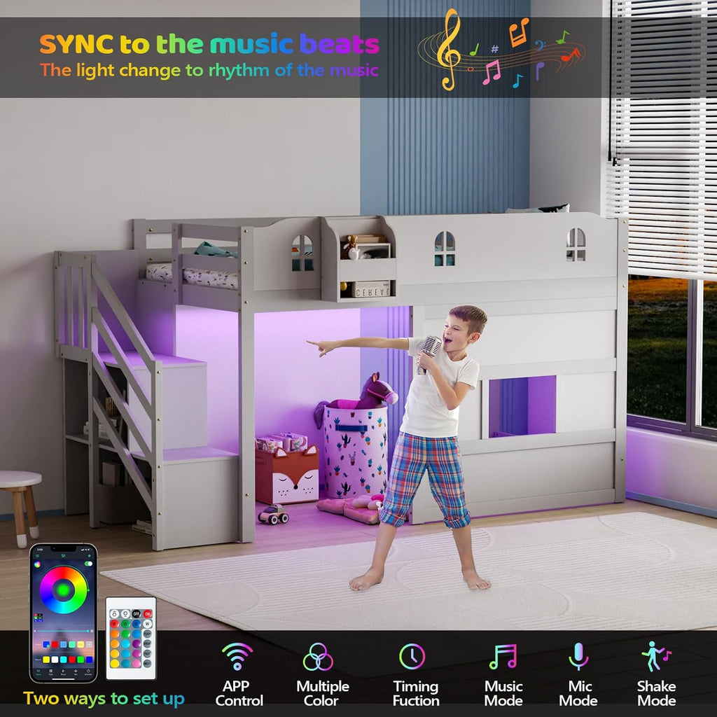 JOYMOR Low Loft Bed with LED Lights, Twin Loft Bed with Stairs, Safety Guardrail, Curtain, Wooden Bed Frame for Kids with Storage Staircase and Under-Bed Play Space,Smoky Gray
