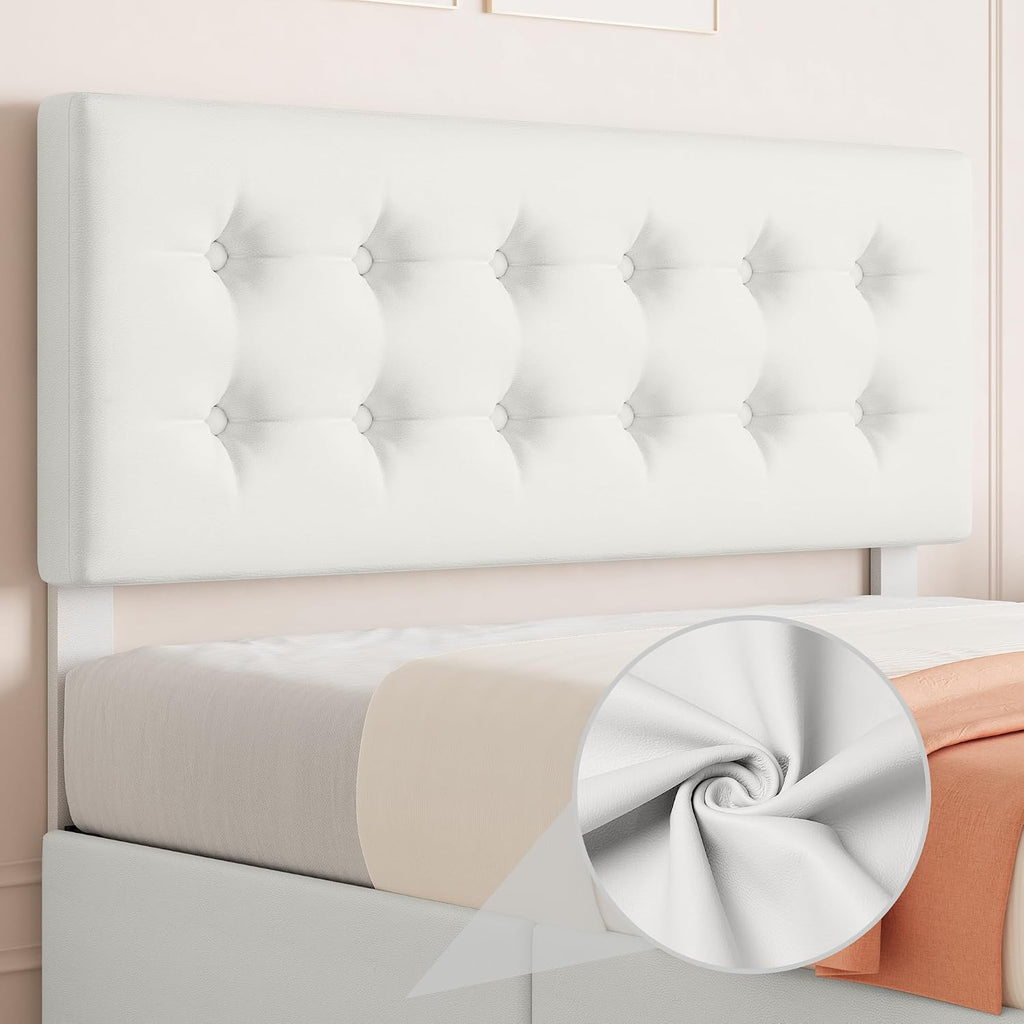 GarveeHome Full Size Bed Frame with 4 Storage Drawers and Headboard, Faux Leather Upholstered Platform Bed Frame with Wooden Slats Support, Button Tufted Design, No Box Spring Needed, Beige