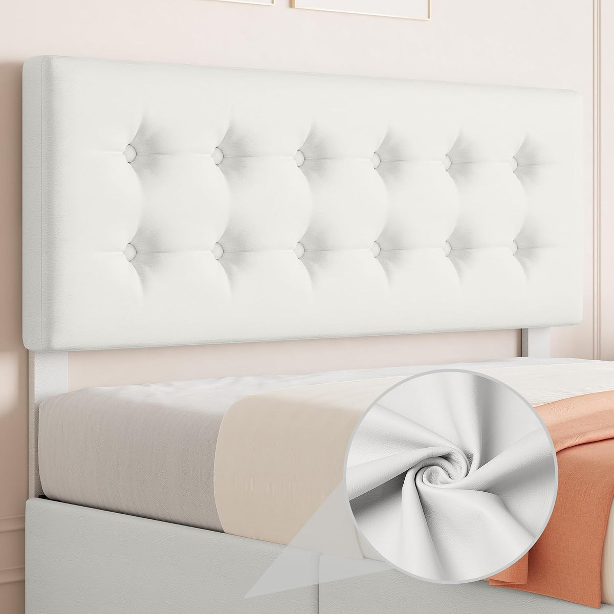 GarveeHome Full Size Bed Frame with 4 Storage Drawers and Headboard, Faux Leather Upholstered Platform Bed Frame with Wooden Slats Support, Button Tufted Design, No Box Spring Needed, Beige