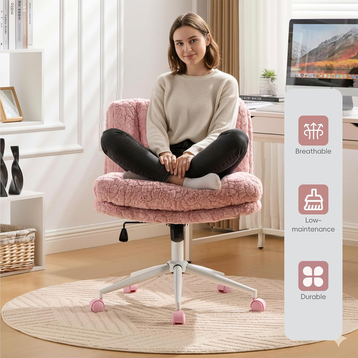 Upgraded Plush Faux Fur Criss Cross Office Vanity & Desk Chair with White Metal Base – Extra-Wide Seat & Tilt Backrest, Adjustable Swivel Makeup Chair for Bedroom, Study & Home Office, Pale Pink