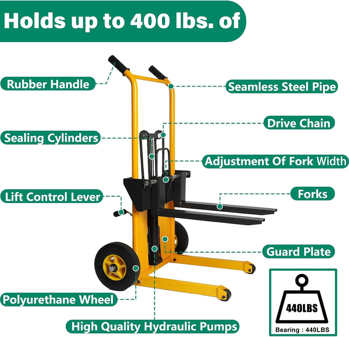 Foldable Hydraulic Material Lift Dolly, Pallet Stacker, 440lbs Capacity, Removable Steel Platform & Fork Arms, with Polyurethane Wheel, Winch Stacker (440 lbs. Conventional)
