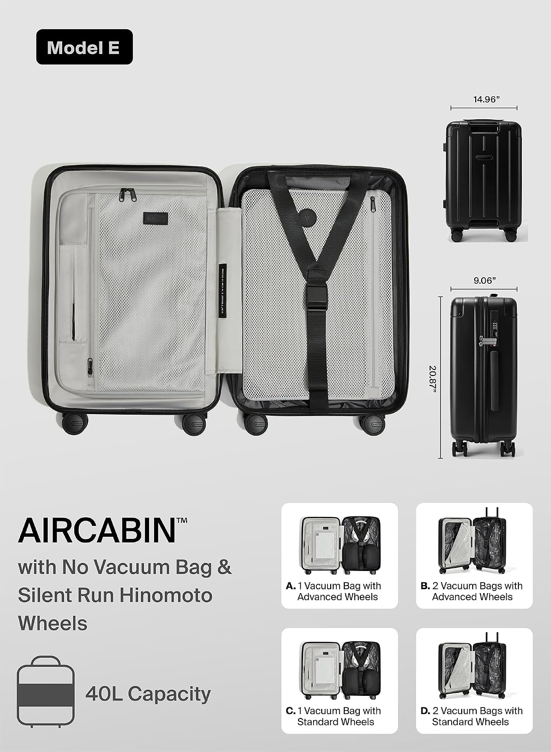 BlackVoyage Air Vacuum Seal Suitcase Carry-On 20-Inch Travel Luggage USB Port 20' AirCabin Air Compression Pump (Matte Black, 40L Capacity (No Vacuum Bag))