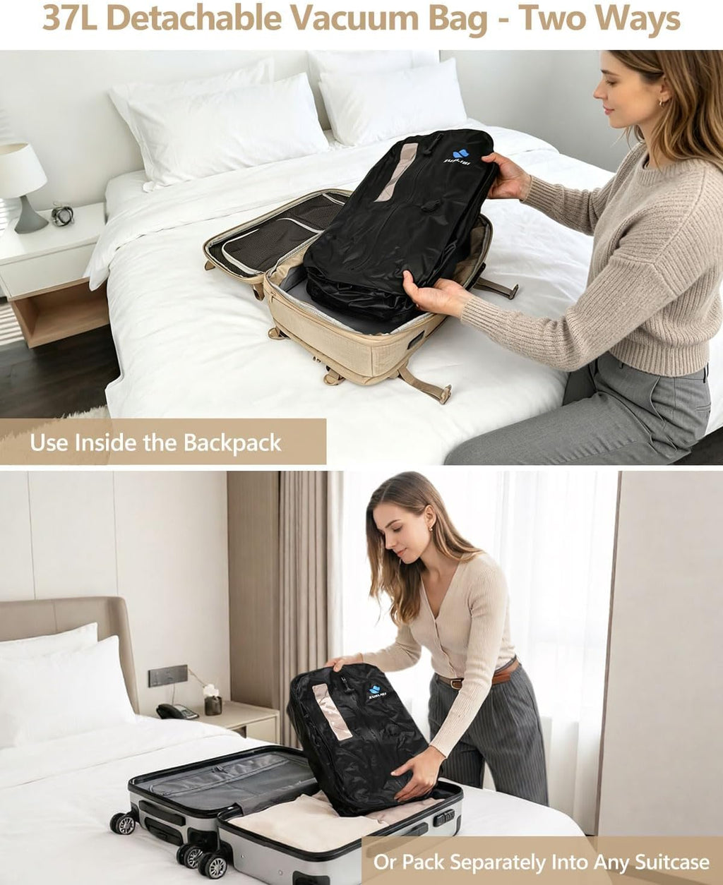 Zurligi Vacuum Seal Travel Backpack with Removable Hip Belt & Vacuum Bag with Pump, Compression Travel Backpack with Vacuum System Expandable 40-60L Carry-On Backpack for Travel Business