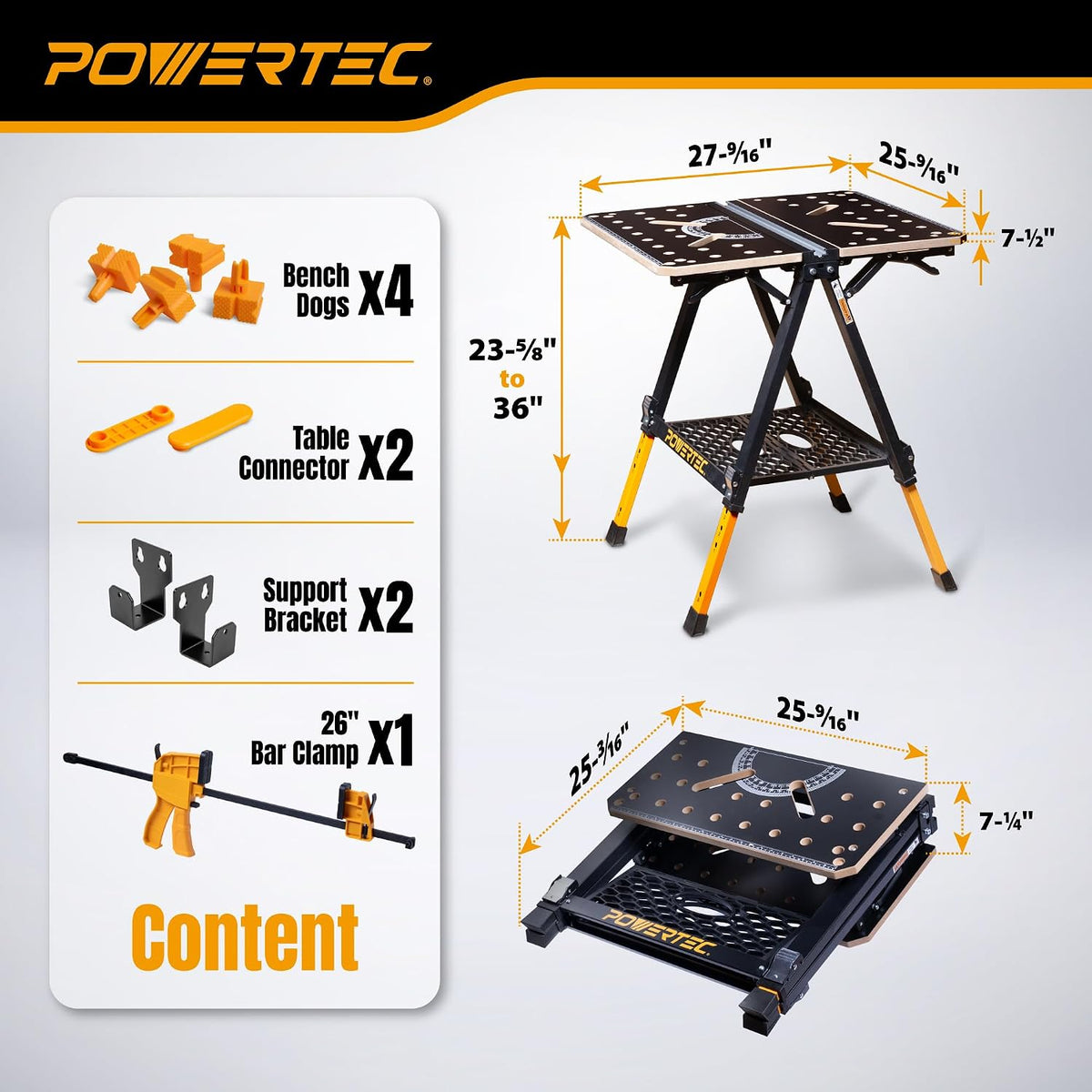 POWERTEC 2-in-1 Folding Work Table & Sawhorse – 1000 lb Capacity Portable Workbench with 8-Level Height Adjustment, Clamps, Bench Dogs & Expandable Support Platform (UT1015)