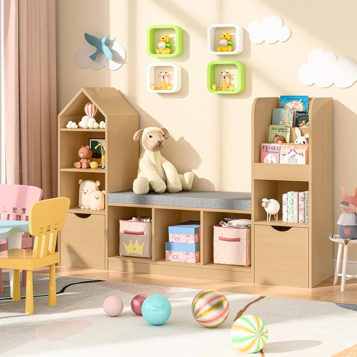 Befrases 55.12''Kids Bookshelf with Reading Nook, Toy Storage Organizer with Seat Cushion and 2 Movable Drawers, Kids Bookcase Toy Organizers with 7 Storage Cubbies, for Playroom, Bedroom, Oak