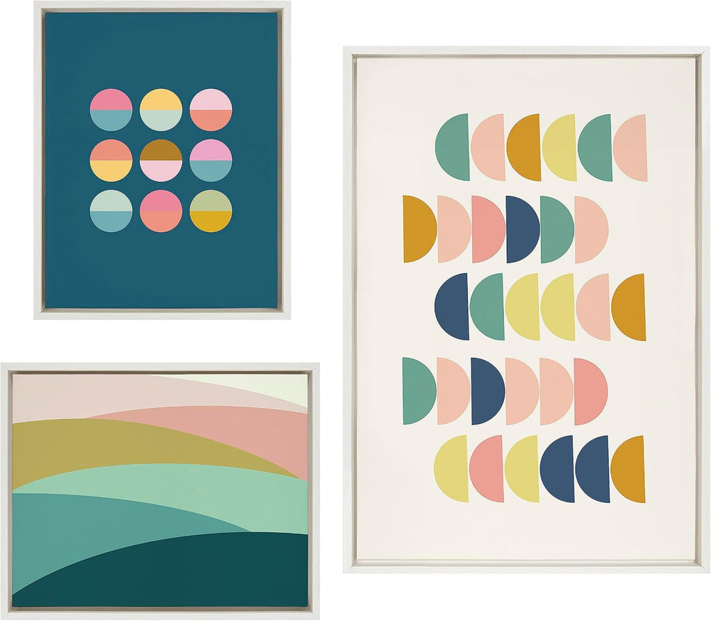 Kate and Laurel Sylvie Simple Shapes in Soft Colors Framed Canvas Wall Art Set by Apricot and Birch; Set of 3; White Frames; Modern Abstract Colorful Art for Wall
