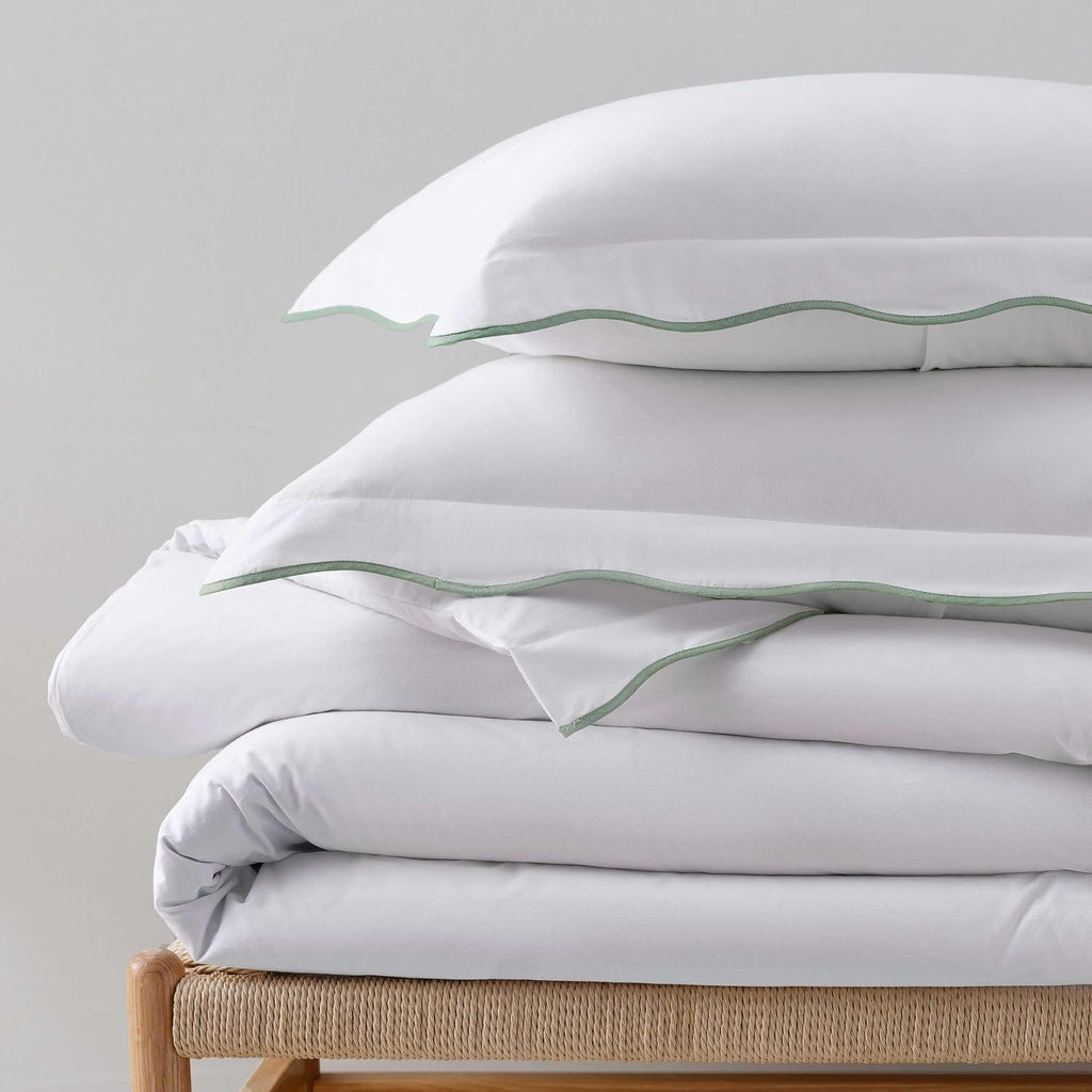 Martha Stewart - Queen Duvet Cover Set, 100% Soft Cotton Bed Set with a Smooth Cotton Percale Reverse, 3 Piece Bedding with Matching Pillowcases (Simple Scallop Green)