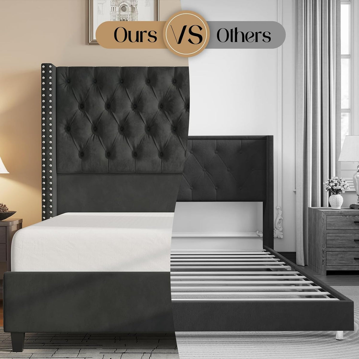 Jocisland Queen Size Bed Frame with 51.6' Wingback Tufted Velvet Headboard, Modern Upholstered Platform Bed, No Box Spring Needed, Easy Assembly, Black
