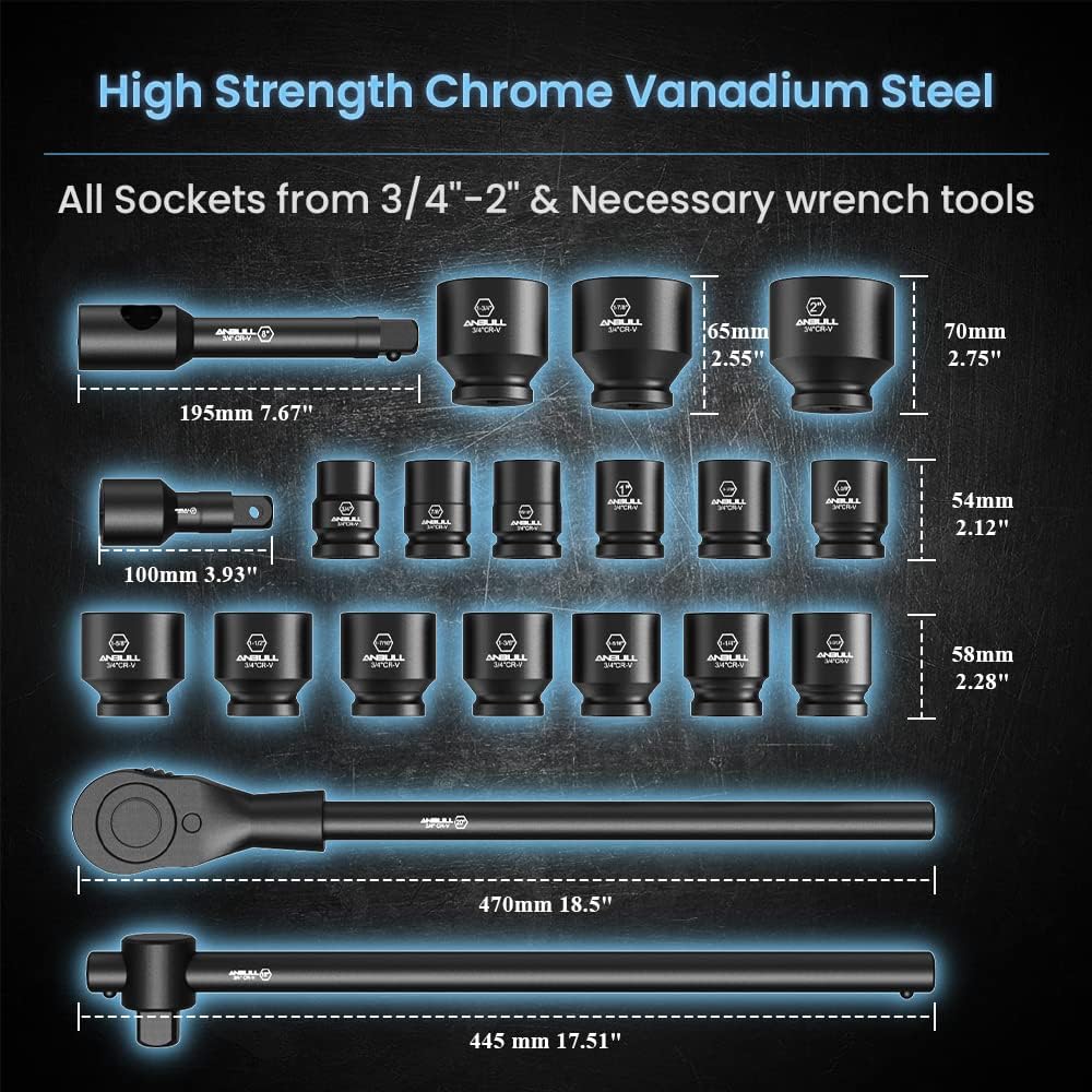Anbull 3/4' Drive Jumbo Impact Socket Set, 21 Piece Shallow Socket Assortment, 6-Point Standard SAE Sizes (3/4-Inch to 2-Inch) | Cr-V Steel