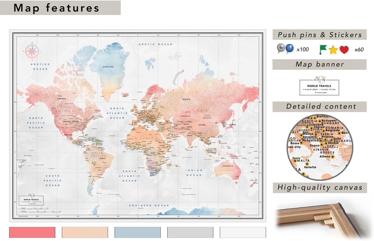 World Map Canvas with Pins: Explore Political or Tourist Destinations in 5 Colors. | Perfect Gift for Travelers' sized 22' x 16' | by Pin Adventure map (Soft Pastel, Political map)