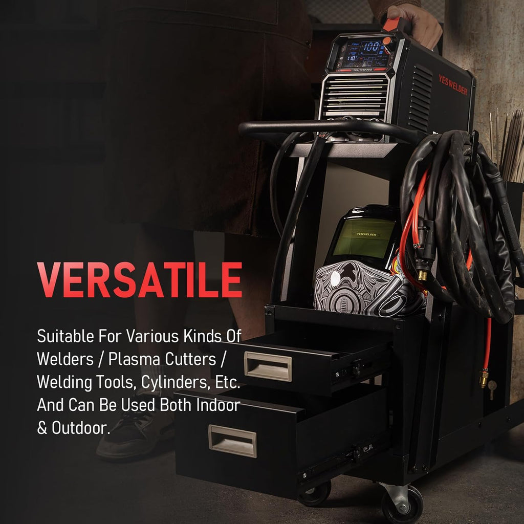 YESWELDER Welding Cart，2-Tier with 2 Drawers for MIG Welder TIG Welder and Plasma Cutter, Tank Storage Safety Chains, Heavy Duty Large Storage 360° Swivel Wheels Welding Trolley