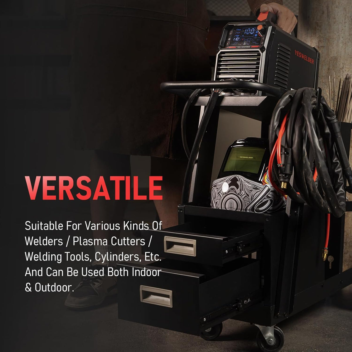 YESWELDER Welding Cart，2-Tier with 2 Drawers for MIG Welder TIG Welder and Plasma Cutter, Tank Storage Safety Chains, Heavy Duty Large Storage 360° Swivel Wheels Welding Trolley