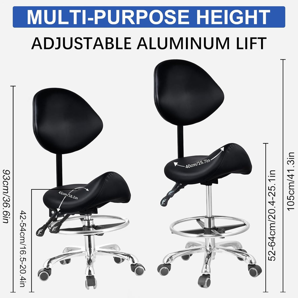 Upgraded Saddle Stool with Back Support, 400lbs Saddle Chair - Back Adjustable Salon Stool with Wheels and Footrest, Swivel, Widened Thick Seat Padding for Home Office Clinic Dentist(Black)