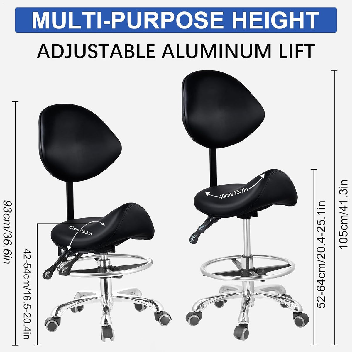 Upgraded Saddle Stool with Back Support, 400lbs Saddle Chair - Back Adjustable Salon Stool with Wheels and Footrest, Swivel, Widened Thick Seat Padding for Home Office Clinic Dentist(Black)