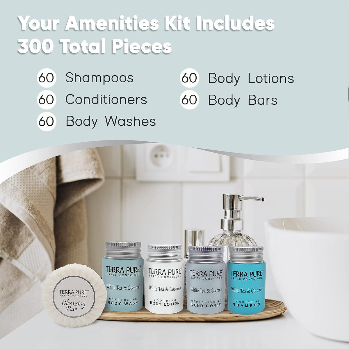 Terra Pure White Tea & Coconut Toiletries Set | 1-Shoppe Amenities Kit | 1oz Shampoo & Conditioner, Body Wash, Lotion, 1.25oz Bar Soap | Travel Size | 300 Pieces