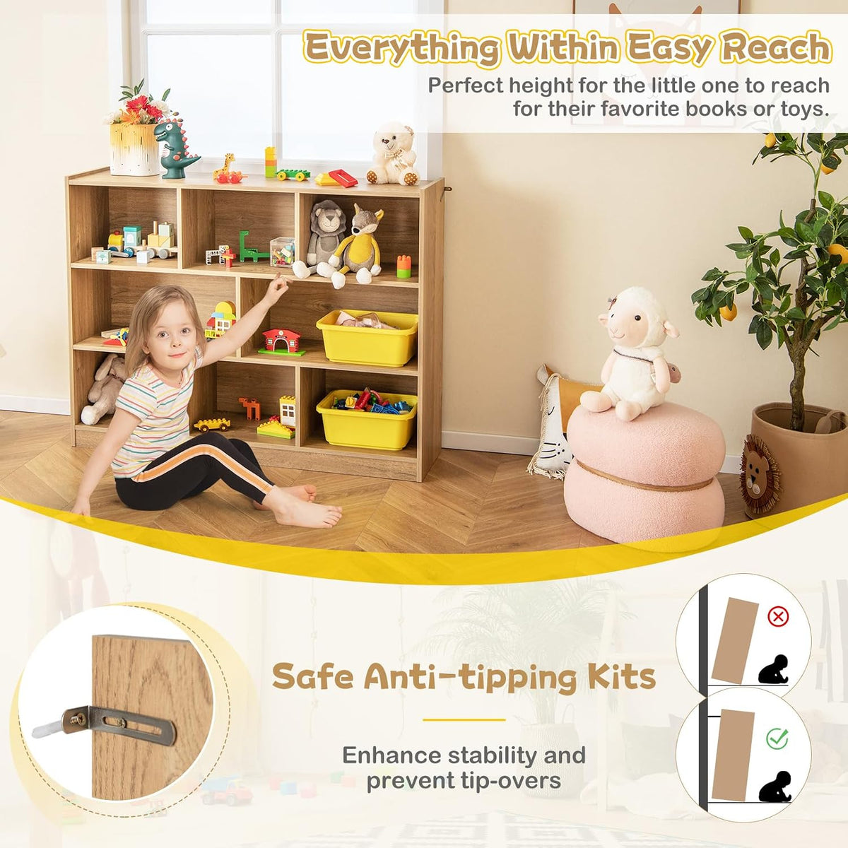 Costzon 3-Shelf Bookcase for Kids, Wooden Toy Storage Organizer for Books Toys, 8-Section Freestanding Classroom Daycare Montessori Bookshelf for Preschool, Home Playroom & Kindergarten (Natural)