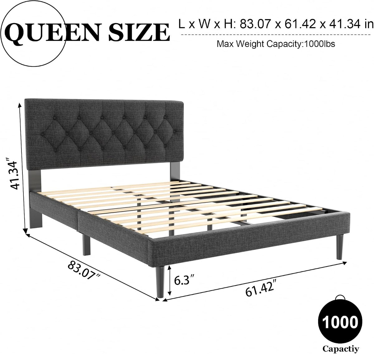 HAOARA Queen Size Platform Bed Frame with Upholstered Button Tufted Headboard, Mattress Foundation with Wooden Slat Support, Noise Free, No Box Spring Needed, Easy Assembly, Dark Grey
