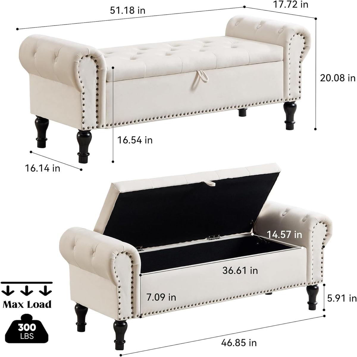 Storage Bench for Bedroom, 51' Upholstered End of Bed Bench, Velvet Queen Size Benches with Rolled Arms, Tufted Button Storage Long Ottoman, Living Room, Entryway, Beige
