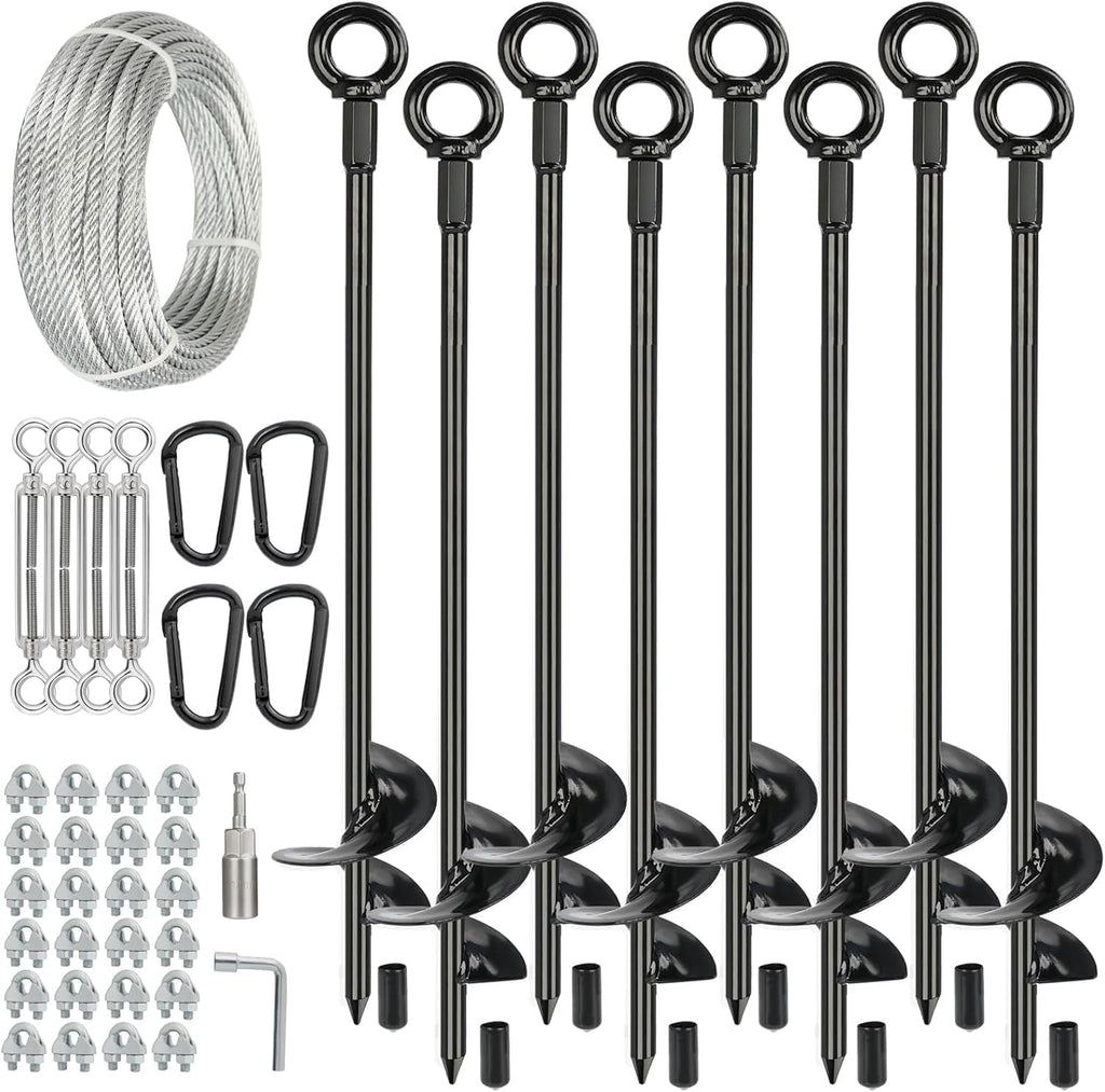 8 Pcs 30' Long Ground Anchors Shed Anchors Kit with 3/16' Galvanized Cable & Turnbuckles & Carabiners, Heavy Duty Earth Anchors for Sheds Trees Trampoline Greenhouse Swing Set Tent.