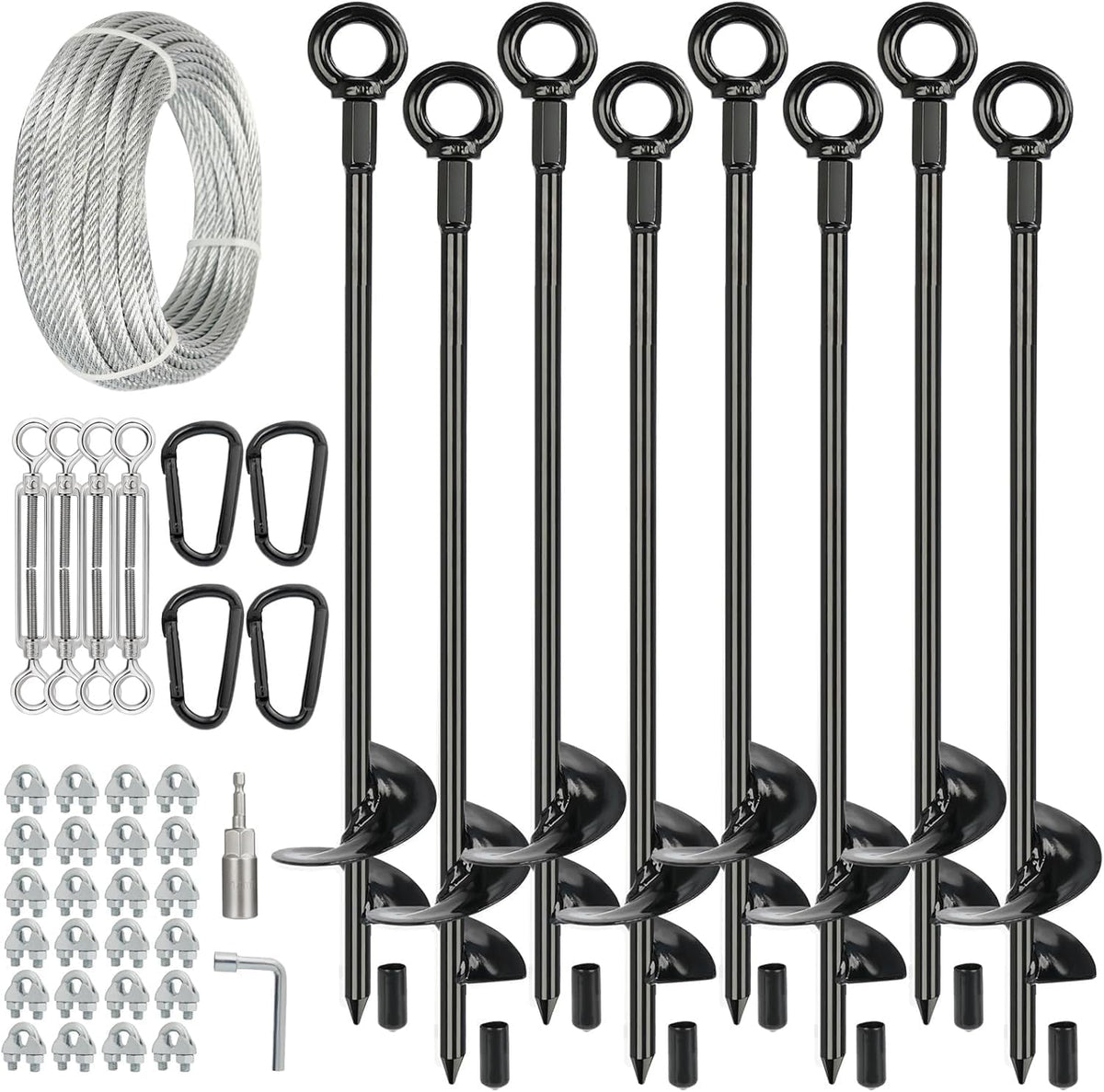 8 Pcs 30' Long Ground Anchors Shed Anchors Kit with 3/16' Galvanized Cable & Turnbuckles & Carabiners, Heavy Duty Earth Anchors for Sheds Trees Trampoline Greenhouse Swing Set Tent.