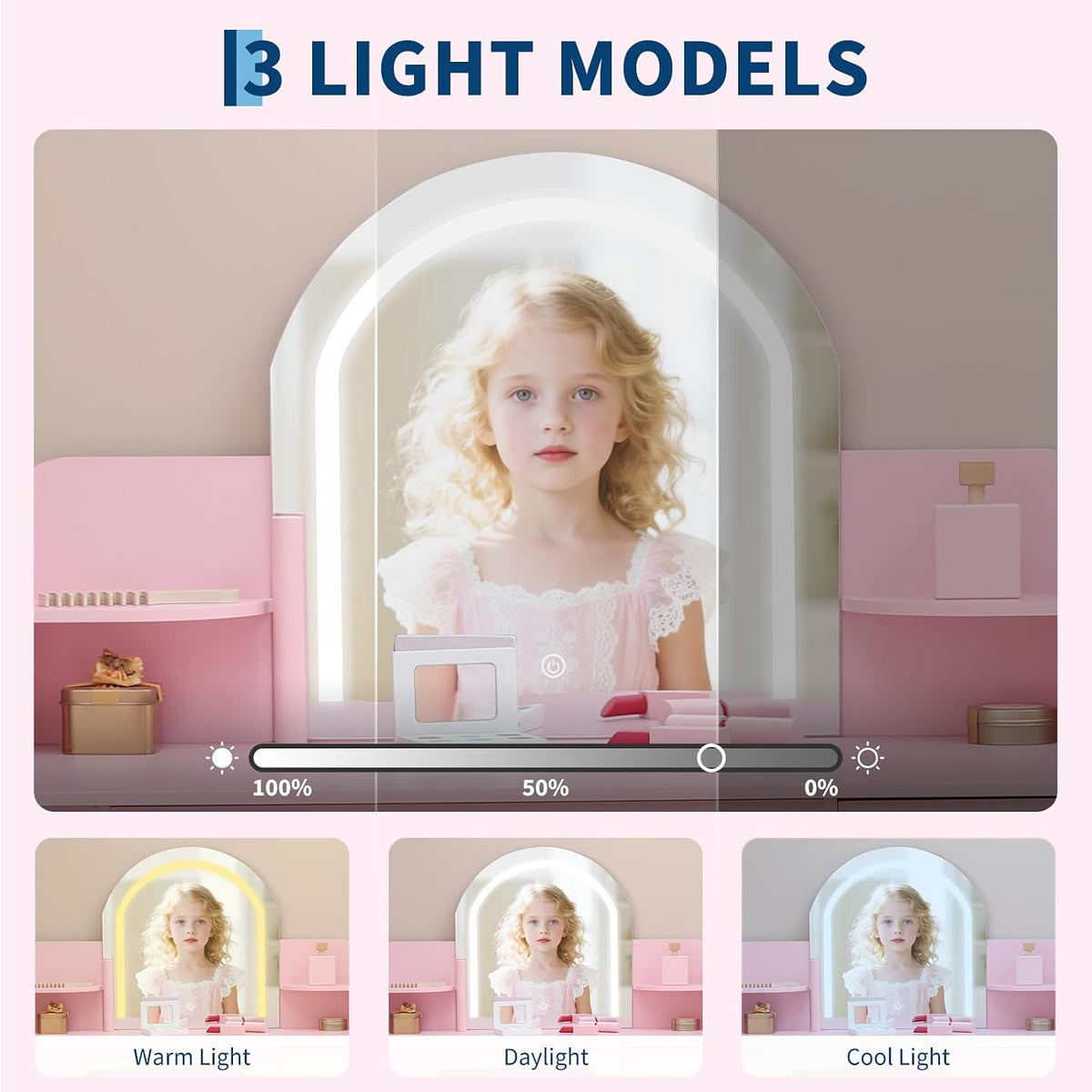 Garvee Kids Vanity with Lighted Mirror & Stool, Little Girls Vanity and Wooden Makeup Playset with Adjustable LED Light, Bookshelf, Storage Drawer & Shelves for Girls 3-9, Pink