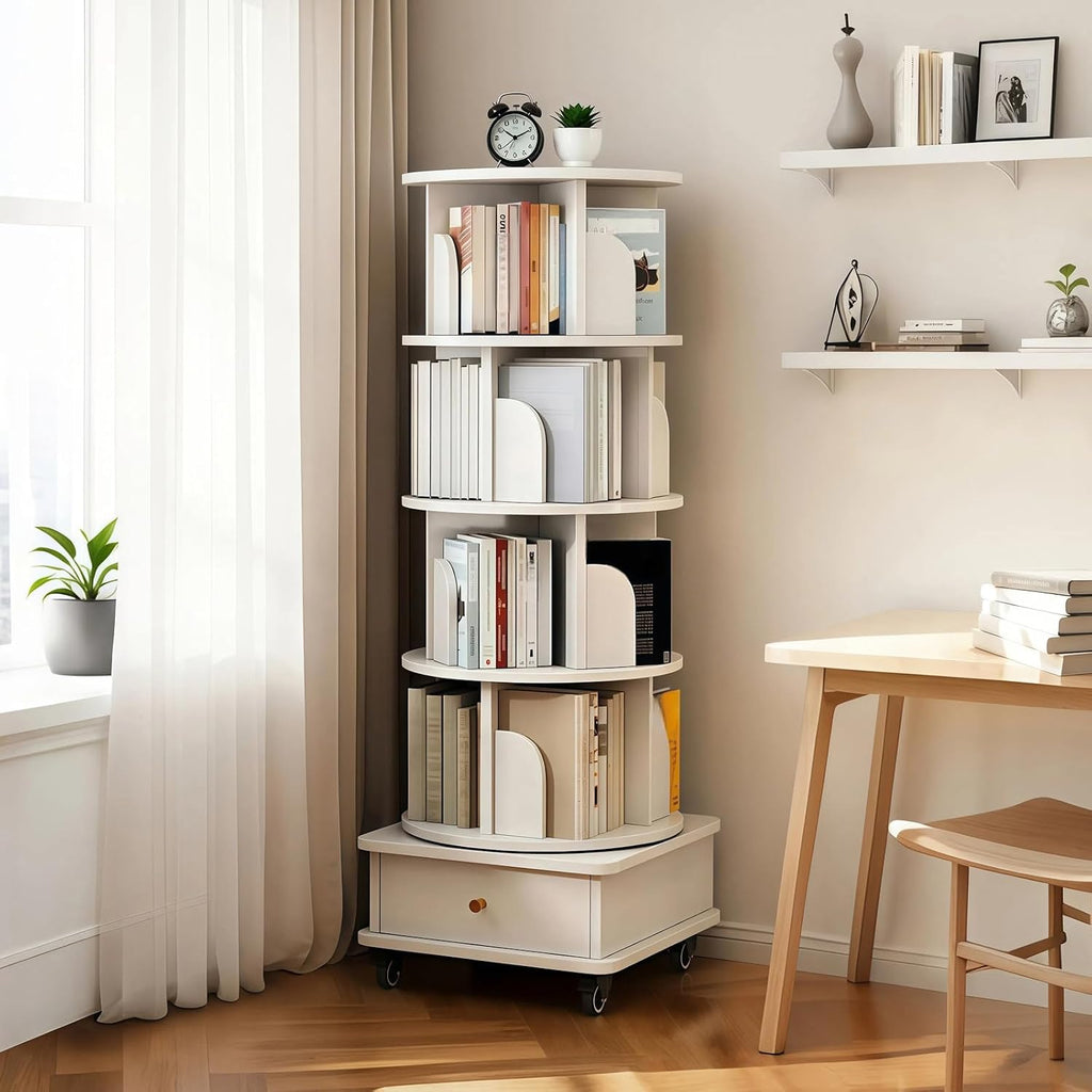 KEIKI 5-Tier Rotating Tower Spinning Bookshelf with 360°Swivel Wheels & Square Storage Drawer Base,Narrow Rolling Bookcase for Small Space,Corner,Bedroom,Office,White