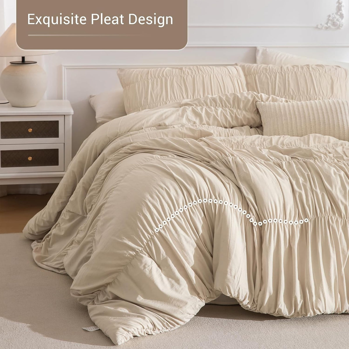 Lady Ann Oversized King Bed Comforter Set- Wheat Ruched Boho 128 x 120 Comforter Set for Bedroom, 3 Piece Fluffy Bedroom Set with Pillow Shams Soft All Season Bed Sets