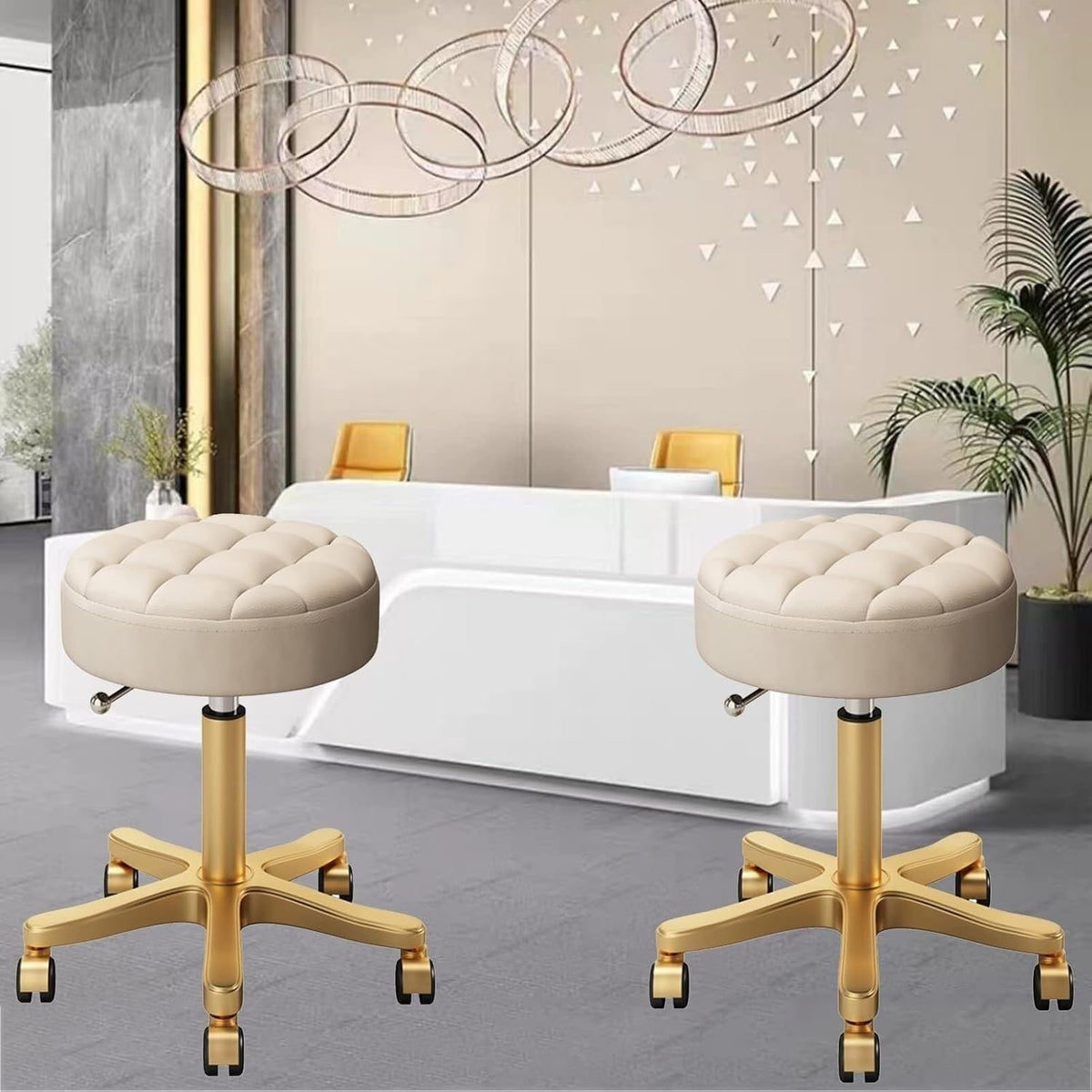 Bar Stool Rolling with Swivel Wheels Height Adjustable 4764cm Beige PU Seat Stainless Steel 5 Claws Office Study Beauty