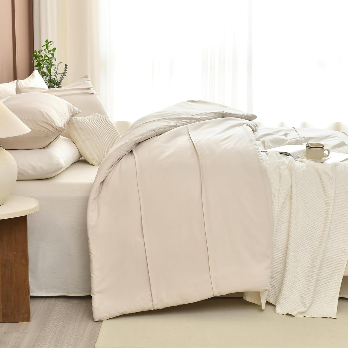 Masaca Oversized Comforter King Size(120'x120'),Soft Pinch Pleated Bedding Comforter Set,3 Pieces Wheat Colored California King Microfiber Boho Bedding Set for All Season