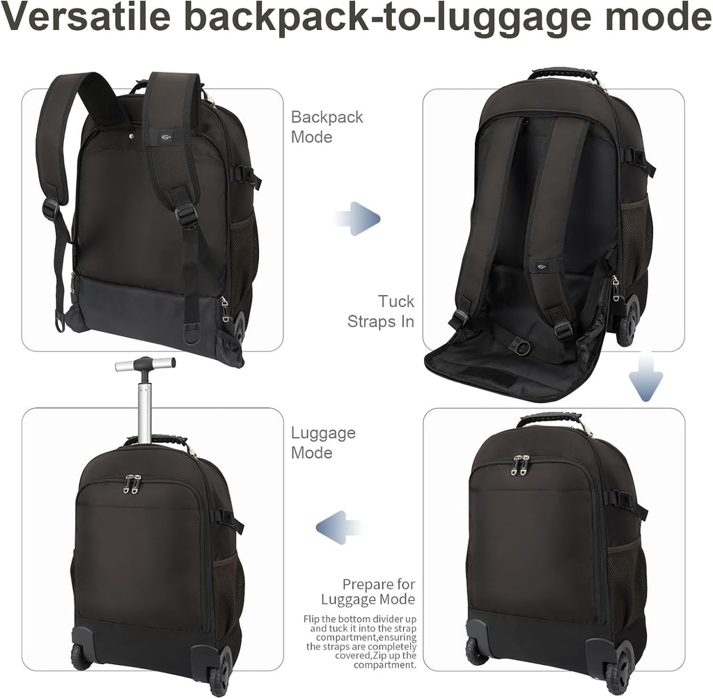 Backpack with wheels,rolling backpack with 2 Packing Cubes and compression bags,Laptop Compartment,Water Resistant Luggage suitcase,Air Travel,Weekend Trips (Brown)