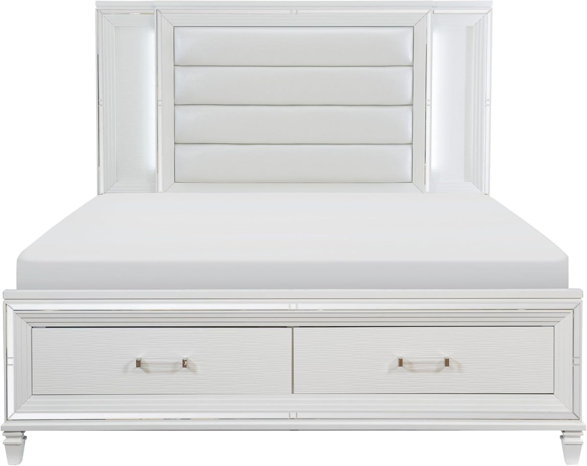 3pc LED Light Bedroom Set King Size Platform Bed Upholstered Headboard White Finish Wooden Furniture