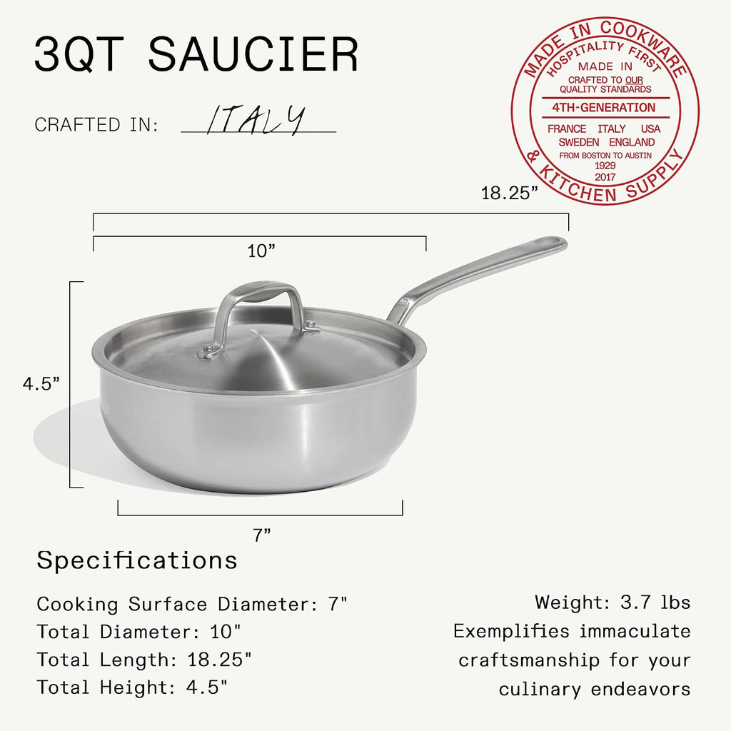 Made In Cookware | 3 QT Ceramic Non Stick Saucier with Lid | 5-Ply Stainless Clad with Stay-Cool Handle | Professional Cookware | Crafted in Italy | Induction Compatible