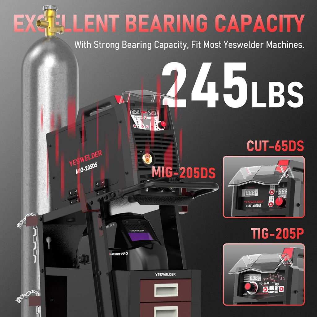 YESWELDER Welding Cart with 4 Drawers for MIG Welder TIG Welder and Plasma Cutter, Black&Red Version Heavy Duty Large Storage 360° Rolling Welding Trolley