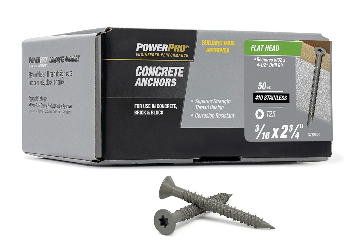 Power Pro Concrete Screw Anchors #410 Stainless Flat (3/16' x 2-3/4') 100-Piece