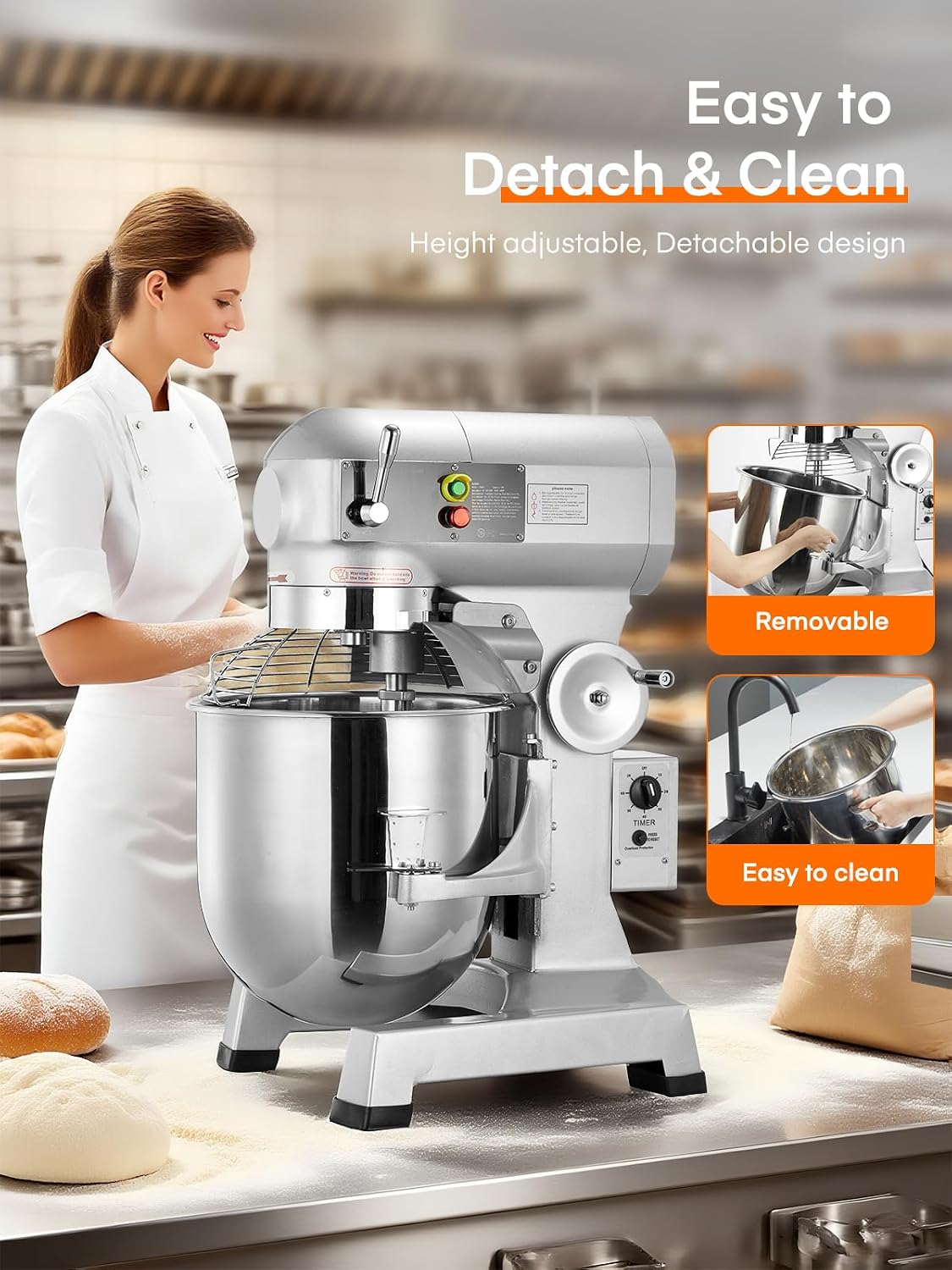 Commercial Mixer, Commercial Food Mixer, Dough Mixer with Stainless Steel Bowl, 3 Speeds Adjustable and Safety Guard, Dough Hook Whisk Beater Included, Ideal for Bakery Pizzeria, NO for Home(30QT)