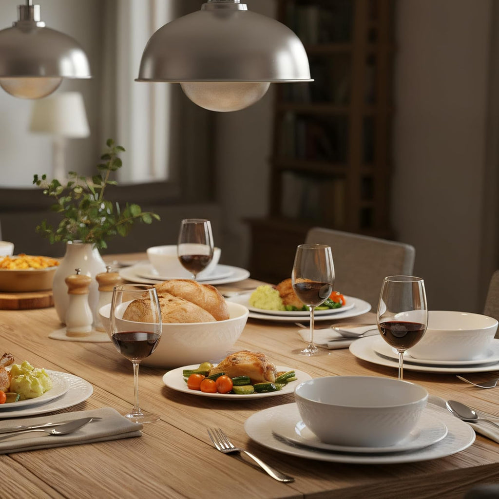18-Piece Bone China Dinnerware Set for 6, White Porcelain Plates and Bowls with Textured Design, Lightweight Microwave Dishwasher Safe for Family Dining