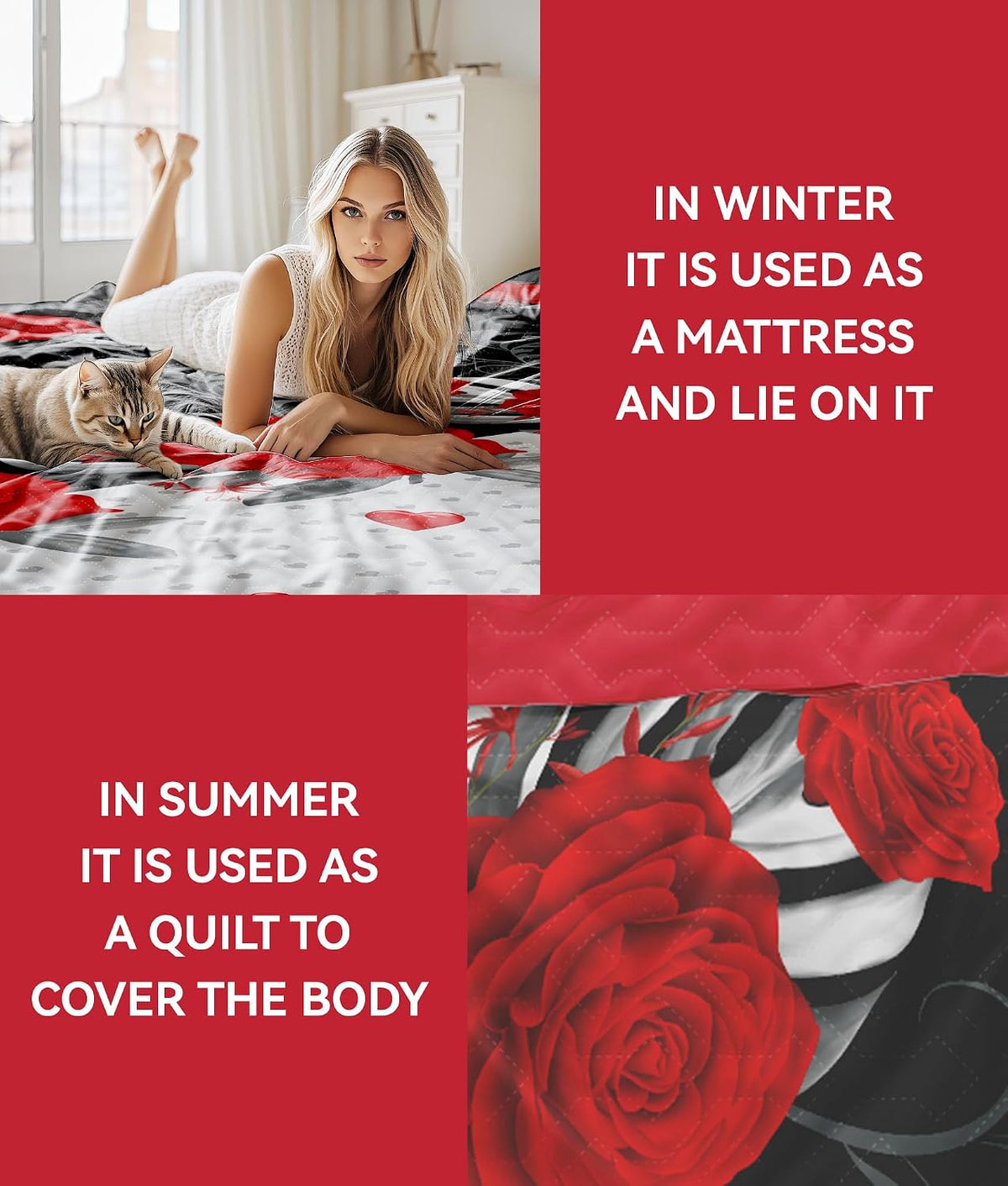9 pcs Cal King Bed in a Bag with Curtains | Boho Red Rose Bedspread, Pillowcases, Print & Solid Curtains | Microfiber, Moisture-Wicking | Bedspread and Curtain Sets | RV & Outdoor Ready