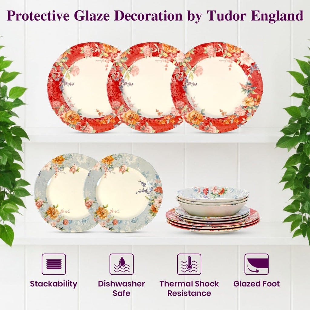 TUDOR Royal Collection 12-Piece Round Porcelain Dinnerware Set, Service for 4 with Dinner Plates, Bowls, and Salad Plates, Crimson Summer Floral Unique Design, Gloss Finish, Durable & Premium Quality